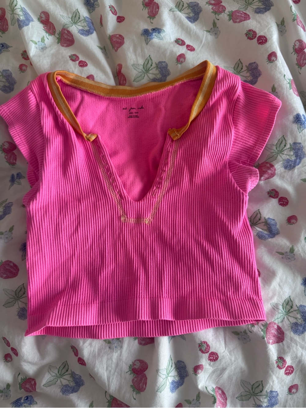 Urban Outfitters Hot Pink Ribbed Short Sleeve Tee with Yellow Trim